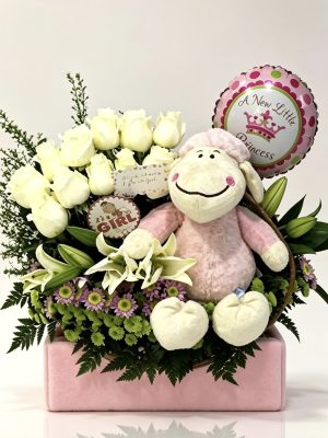 Nacimiento-Box de rosas con peluche y globo