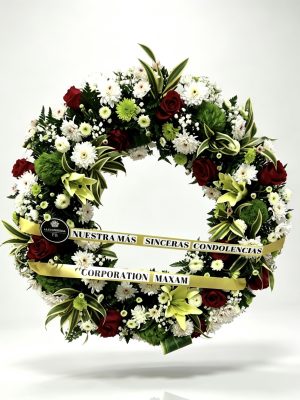 Fúnebre - Consuelo, corona con rosas y variedad de flores naturales